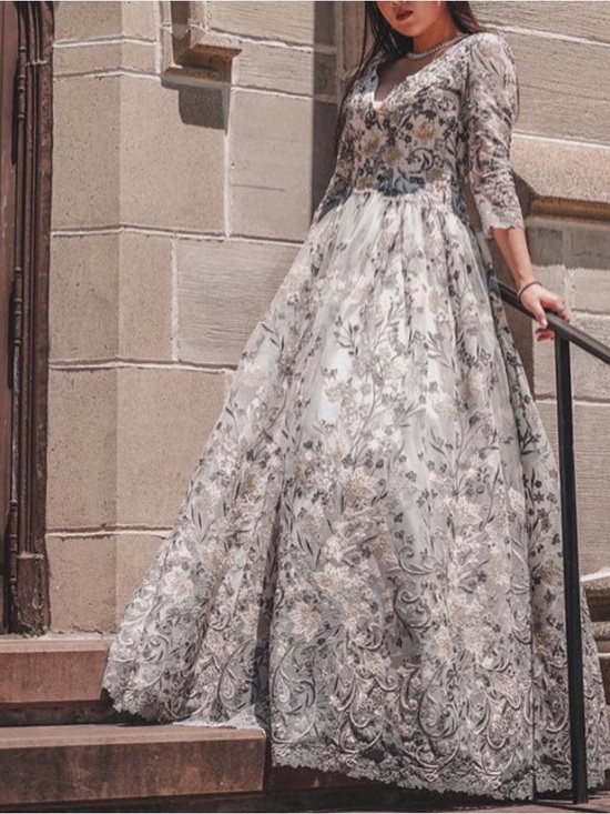Black Label Dresses & Skirts - Elegant Floral embroidered Evening Gown - Light Gray & Ivory